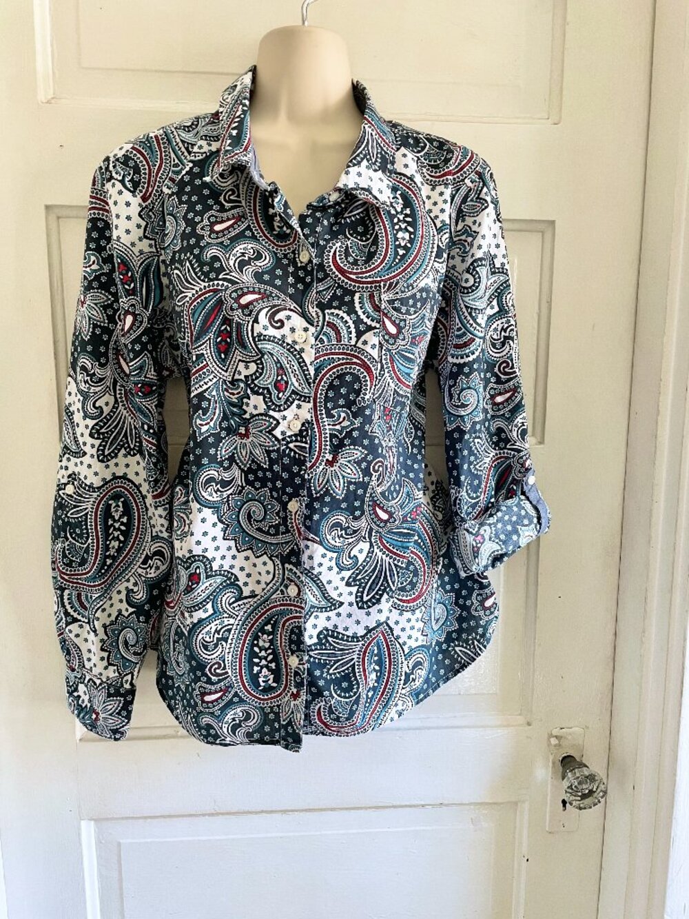 Tommy Hilfiger Blue & White Cotton Paisley Tab Sleeve Button Shirt L